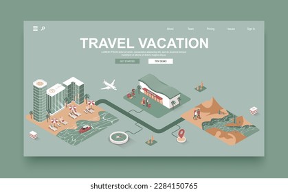 Travel vacation concept 3d isometric landing page template. People book plane tickets and hotel rooms, relax on beach or hiking in mountains. Vector illustration in isometry graphic design.
