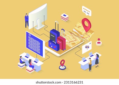 Travel vacation concept in 3d isometric design. Trip organization, collects luggage, plans route, books flight and hotel in mobile app. Vector illustration with isometry people scene for web graphic