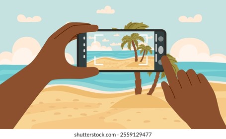 Travel and vacation concept banner. Person taking a photo of beach. Phone screen with sea, palms and sand. Vector flat illustration. 
