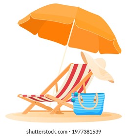 Travel and vacation concept. Beach umbrella and chair. Relaxing on the beach. Vector illustration