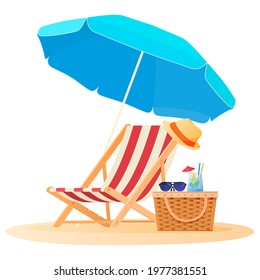 Travel and vacation concept. Beach umbrella and chair. Relaxing on the beach. Vector illustration