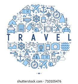 Travel and vacation concept in circle with thin line icons: plane, tickets, hotel, sights and place for text. Vector illustration for banner, web page, print media.
