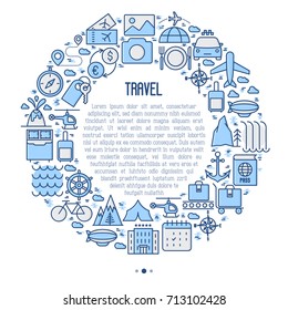 Travel and vacation concept in circle with thin line icons: plane, tickets, hotel, sights and place for text. Vector illustration for banner, web page, print media.