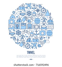 Travel and vacation concept in circle with thin line icons: plane, tickets, hotel, sights and place for text. Vector illustration for banner, web page, print media.