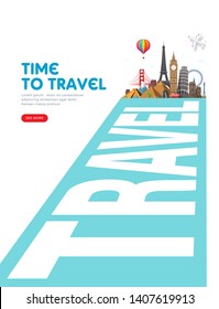 Travel and vacation concept with famous landmarks. Summer poster design. Abstract perspective road to adventure. Vector illustration