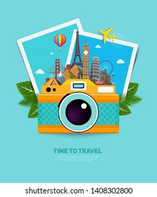 Travel and vacation concept with famous landmarks, tropical leafs, photo frames and camera. Summer poster design. Vector illustration