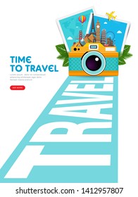 Travel and vacation concept with famous landmarks, tropical leafs, photo frames and camera. Summer poster design. Abstract perspective road to adventure. Vector illustration