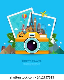 Travel and vacation concept with famous landmarks, tropical leafs, photo frames and camera. Summer poster design. Vector illustration