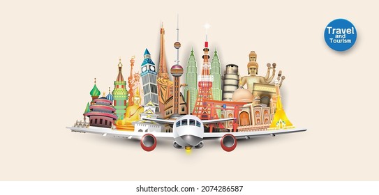 Travel and vacation concept with famous landmarks,Travel to World.  of famous landmarks of the world. Concept website template. Vector illustration. paper art eps 10