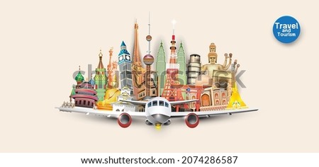 Travel and vacation concept with famous landmarks,Travel to World.  of famous landmarks of the world. Concept website template. Vector illustration. paper art eps 10