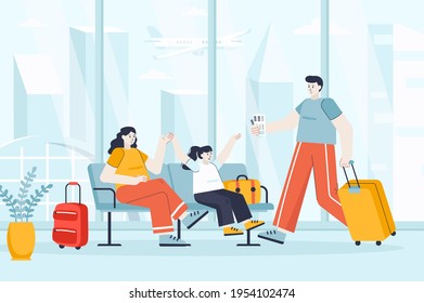 Concepto de vacaciones de viaje en diseño plano. Familia en la escena de la sala de espera de la terminal del aeropuerto. Mamá, papá e hija viajando juntos. Ilustración vectorial de caracteres de personas para la página de inicio