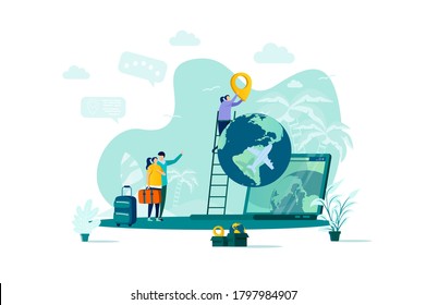 Travel vacation concept in flat style. Couple planning travel scene. Web solution for trip organization, online flight booking service. Vector illustration with people characters in situation.