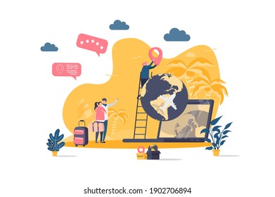 Travel vacation concept in flat style. Couple planning travel scene. Web solution for trip organization, online flight booking service. Vector illustration with people characters in situation.