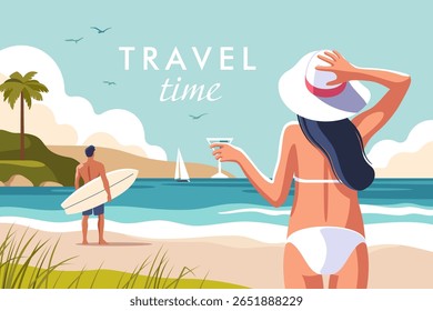 Travel and vacation concept. A girl in a bikini and a hat with a glass of martini or cocktail, on the coast against the background of a surfer and a sailboat on the horizon.. Vector illustrations.