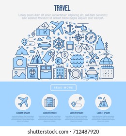 Travel and vacation concept in half circle with thin line icons: plane, tickets, hotel, sights and place for text. Vector illustration for banner, web page, print media.