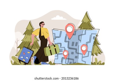 Travel vacation concept. Happy woman with luggage goes to rest at resort situation. Weekend trip and tourism people scene. Vector illustration with flat character design for website and mobile site