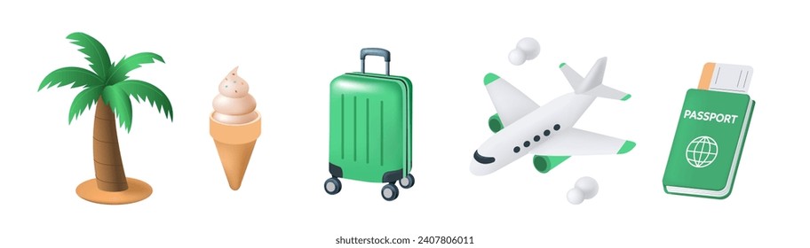 Travel and vacation concept icons set. Airplane, luggage, tickets and other summer beach journey items. Realistic vector illustration isolated on white background 