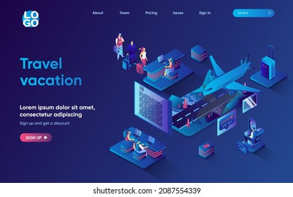 Travel vacation concept isometric landing page. Travelers with luggage go control at airport and fly by plane on journey, 3d web banner template. Vector illustration with people scene in flat design