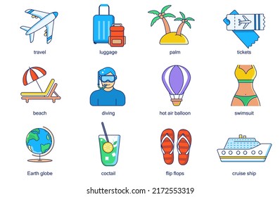 Travel vacation concept line icons set. Pack outline pictograms of airplane, luggage, palm, ticket, beach, diving, swimsuit, cocktail, flip flops. Vector flat elements for mobile app and web design