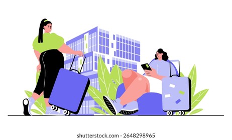 Conceito de férias de viagem para web design moderno. Pessoas com bagagem voo apressado, indo para férias com bagagem, viajando com excursões. Ilustração de vetor plano isolada em fundo branco.
