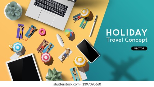 Travel and vacation concept with a notebook, smartphone and tablet on a desk with people relaxing in the sun as a plane flies past. - Powered by Shutterstock - Get 15% off with code: PIKWIZARD15