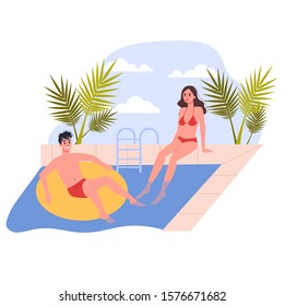 Travel and vacation concept. People relax by the pool. Couple having a summer holiday. Isolated vector illustration in cartoon style