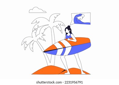 Travel vacation concept with people scene in flat outline design. Woman carries board and is going to surf on waves of tropical island resort. Vector illustration with line character situation for web