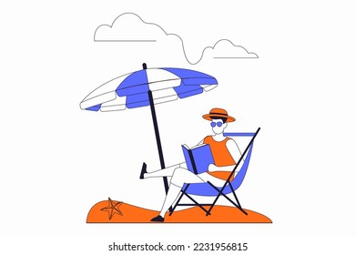 Concepto de vacaciones de viaje con escena de personas en diseño de contorno plano. El hombre se sienta en una tumbona bajo un paraguas y leyendo un libro, descansando en el complejo. Ilustración de vector con situación de caracteres de línea para web