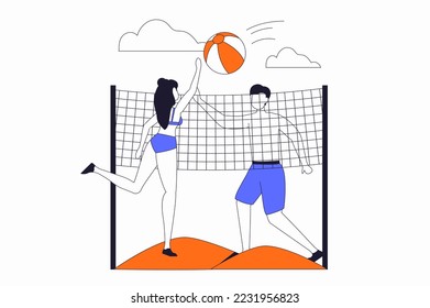 Travel vacation concept with people scene in flat outline design. Woman and man playing beach volleyball and having active rest at sea resort. Vector illustration with line character situation for web