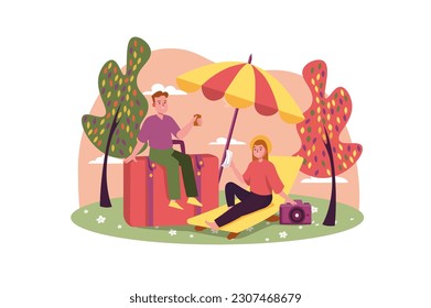 Travel vacation concept with people scene in the flat cartoon design. A married couple goes to travel to warm countries on vacation. Vector illustration.