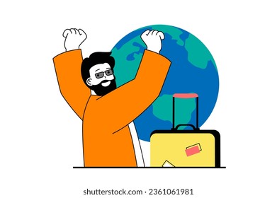 Travel vacation concept with people scene in flat web design. Man with suitcase go in global trip with sightseeing and excursion. Vector illustration for social media banner, marketing material.