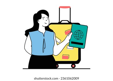 Travel vacation concept with people scene in flat web design. Woman with passport and suitcase go in trip with sightseeing activity. Vector illustration for social media banner, marketing material.
