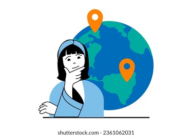 Travel vacation concept with people scene in flat web design. Woman thinking and choosing global trip, planning flight to countries. Vector illustration for social media banner, marketing material.