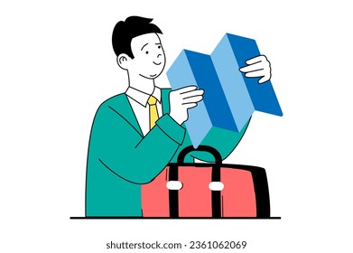Travel vacation concept with people scene in flat web design. Man with luggage looking at map and choosing route for adventure trip. Vector illustration for social media banner, marketing material.