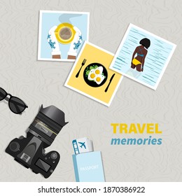 Travel and vacation concept. Photo camera and photos from travels. vector illustration.