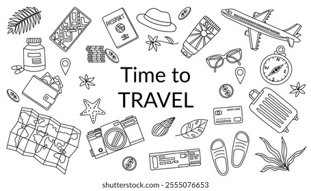 Travel and vacation concept. Set of travel objects on white background. Hand drawn doodle illustration.