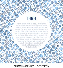 Travel and vacation concept with thin line icons: plane, tickets, hotel, sights and place for text. Vector illustration for banner, web page, print media.