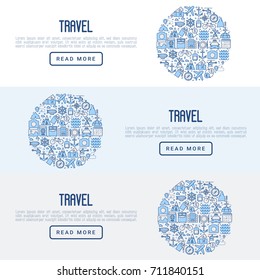 Travel and vacation concept with thin line icons: plane, tickets, hotel, sights and place for text. Vector illustration for banner, web page, print media.