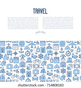 Travel and vacation concept with thin line icons: plane, tickets, hotel, sights and place for text. Vector illustration for banner, web page, print media.