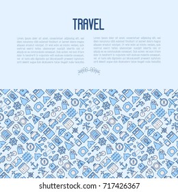 Travel and vacation concept with thin line icons: plane, tickets, hotel, sights and place for text. Vector illustration for banner, web page, print media.