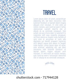 Travel and vacation concept with thin line icons: plane, tickets, hotel, sights and place for text. Vector illustration for banner, web page, print media.
