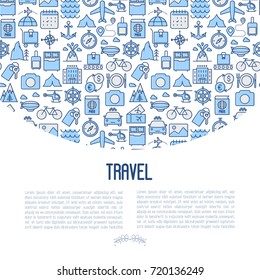Travel and vacation concept with thin line icons: plane, tickets, hotel, sights and place for text. Vector illustration for banner, web page, print media.