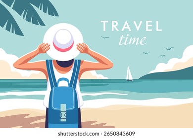Travel and vacation concept. Young woman with hat and backpack on sea coast with palm trees and sailboat on horizon. Vector illustrations in minimalistic style for posters, cover art, flyer.