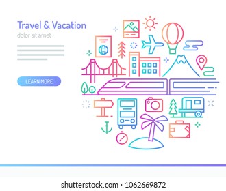 Travel & vacation conceptual illustration. transportation, acomodation landmark and other travel related element.