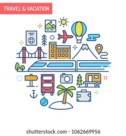 Travel & vacation conceptual illustration. transportation, acomodation landmark and other travel related element.
