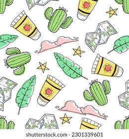 travel or vacation doodle elements in seamless pattern
