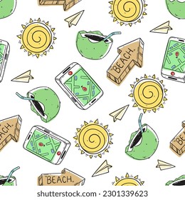 travel or vacation doodle elements in seamless pattern