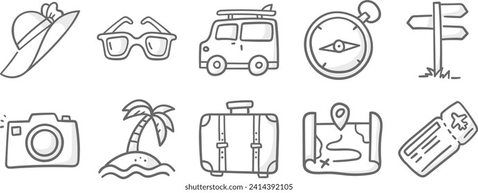 Travel vacation doodle icon set. Handdrawn doodle summer vacation. 