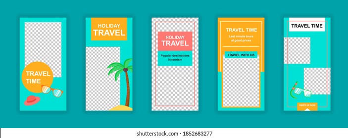 Travel vacation editable templates set for stories. Summertime beach vacation, travel time layouts. Design for social networks. Story mockup with free copy space vector illustration.