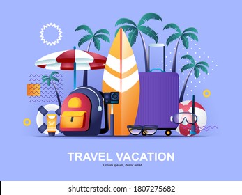 Travel vacation flat concept with gradients. Booking of airline tickets and hotel rooms web template. Summer holidays at seaside 3d composition, tropical beach vacation and surfing vector illustration